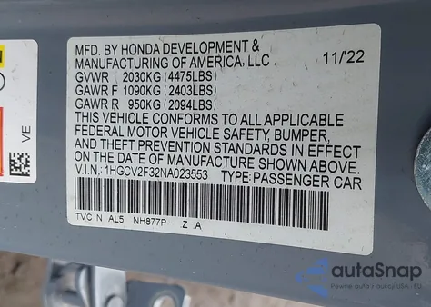 2022 Honda Accord Sport 2.0T from USA, damaged, VIN 1HGCV2F32NA023553